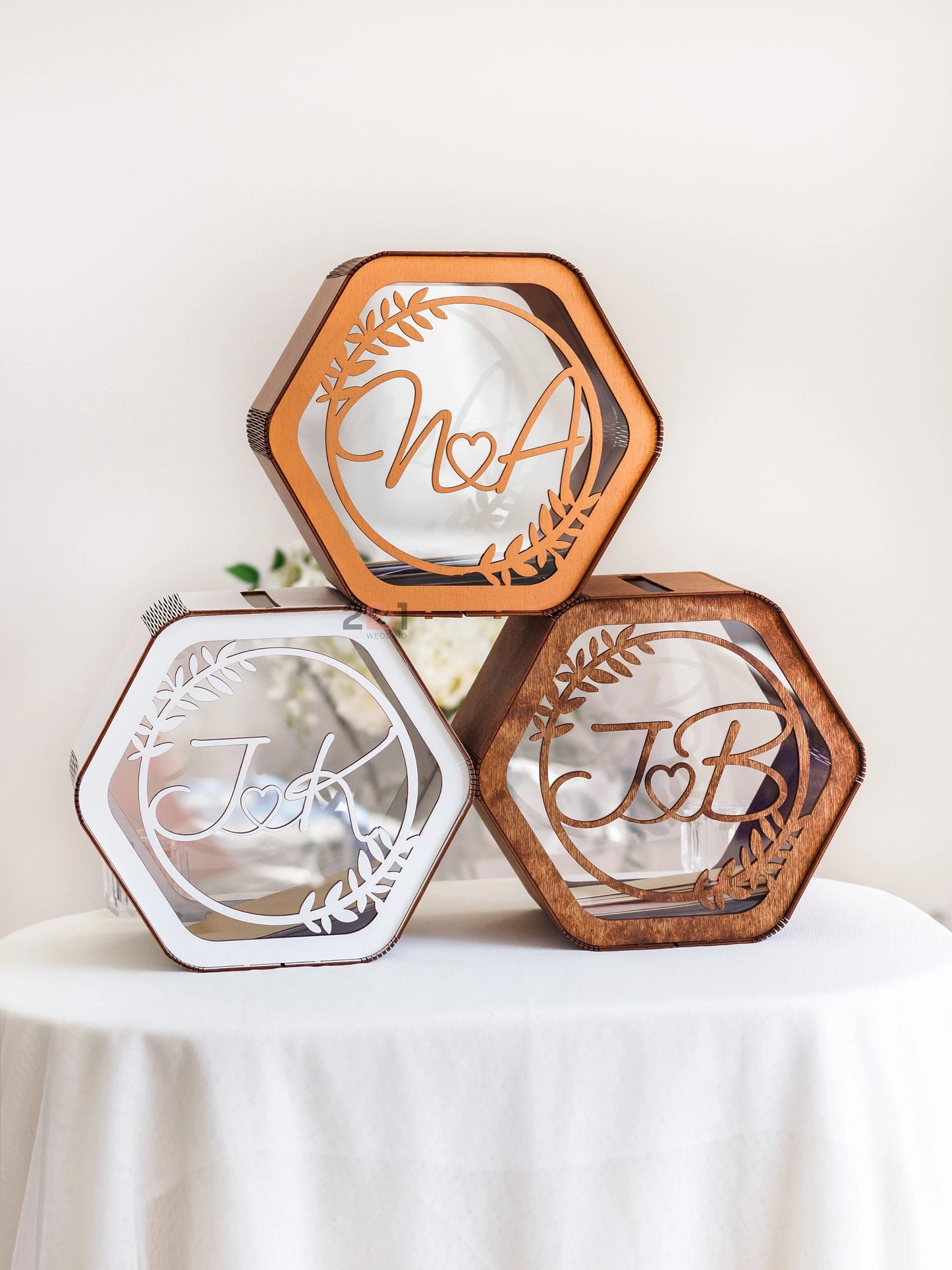 Boîte à Enveloppes Mariage Hexagone Bois Gravé