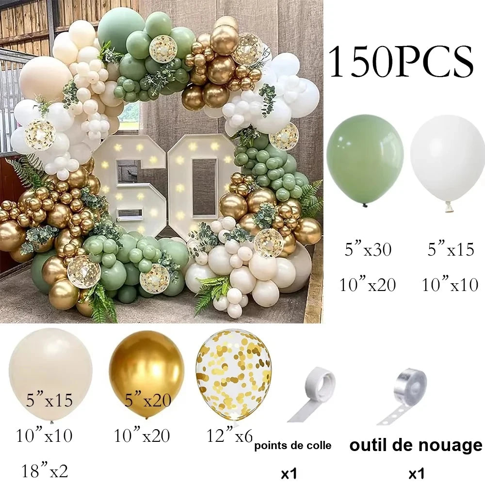 Arche ballon mariage guirlande 17 coloris au choix — Vert sauge, sable et or (150 ballons)