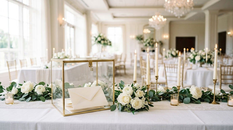 Boîte à enveloppes de mariage en verre et métal doré sur une table de réception fleurie