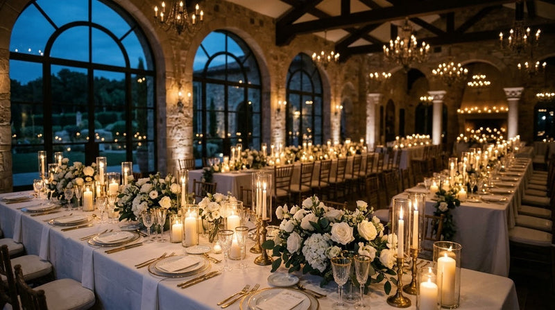 Salle de réception de mariage éclairée par des bougies, photophores et chandeliers dorés