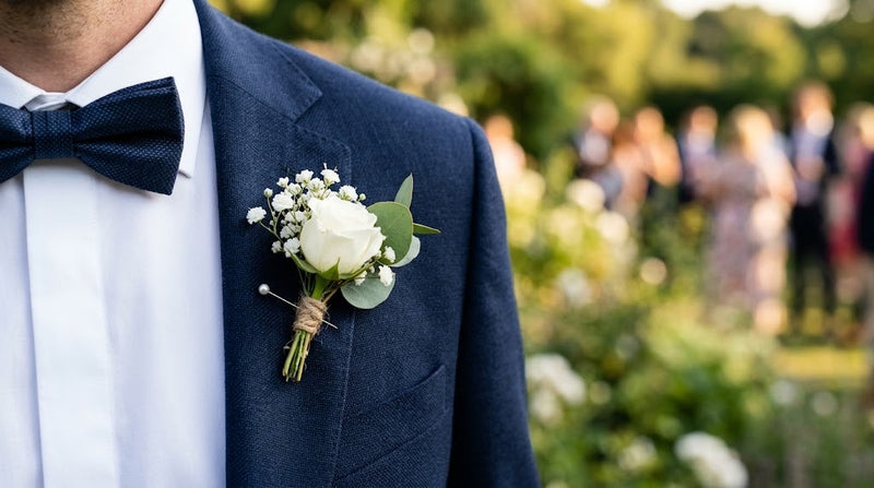 Boutonnière de marié en rose blanche, gypsophile et eucalyptus épinglée sur le revers d'un costume bleu marine