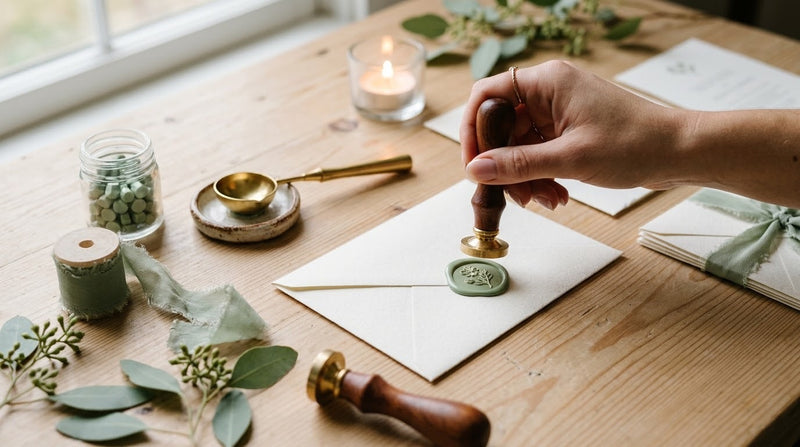 Sceau en laiton posé sur un cachet de cire vert sauge qui ferme une enveloppe de faire-part de mariage