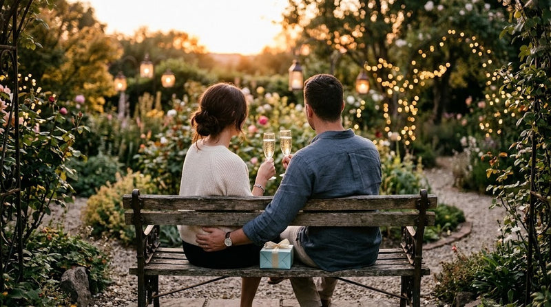 Couple vu de dos sur un banc dans un jardin au coucher du soleil, une flûte de champagne chacun et un petit cadeau entre eux