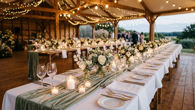 Longue table de réception de mariage avec chemin de table en velours vert sauge, bougies et roses blanches
