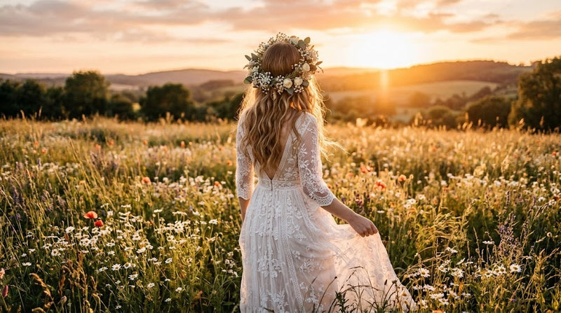 Mariée de dos dans un champ de fleurs sauvages portant une couronne de fleurs bohème au coucher du soleil