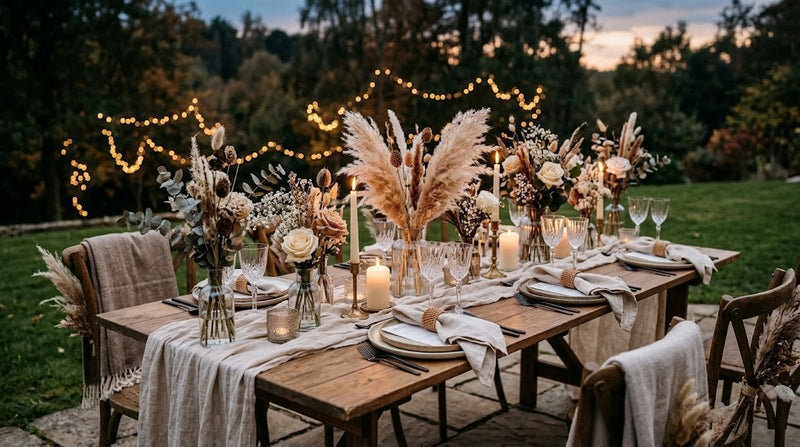 Table de mariage bohème chic en extérieur au crépuscule : nappe en lin, pampa, fleurs séchées, rotin et bougies