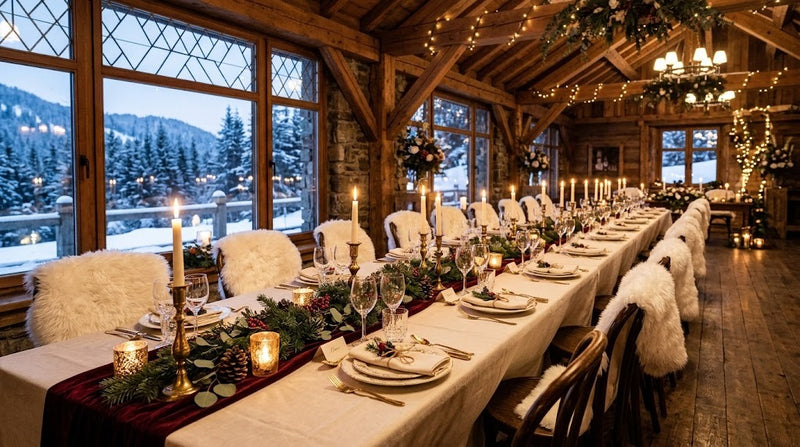 Longue table de mariage d'hiver dans un chalet : chemin de table en velours, branches de sapin, bougies dorées et fausses fourrures
