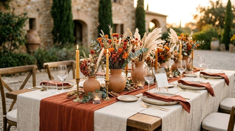 Table de mariage aux tons terracotta : chemin de table rouille, vases en argile, fleurs séchées orangées et bougies dorées