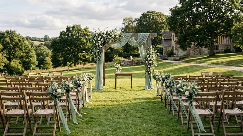 Cérémonie de mariage en plein air : arche en bois drapée de voilage vert sauge et d'eucalyptus, chaises ornées de rubans vert sauge