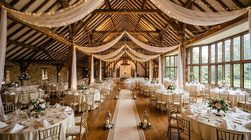 Salle de réception de mariage aux poutres apparentes, plafond drapé de voilages et de guirlandes lumineuses, tables rondes dressées