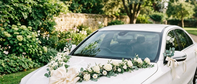 Voiture des mariés décorée d'un nœud ivoire et d'une guirlande de roses blanches sur le capot