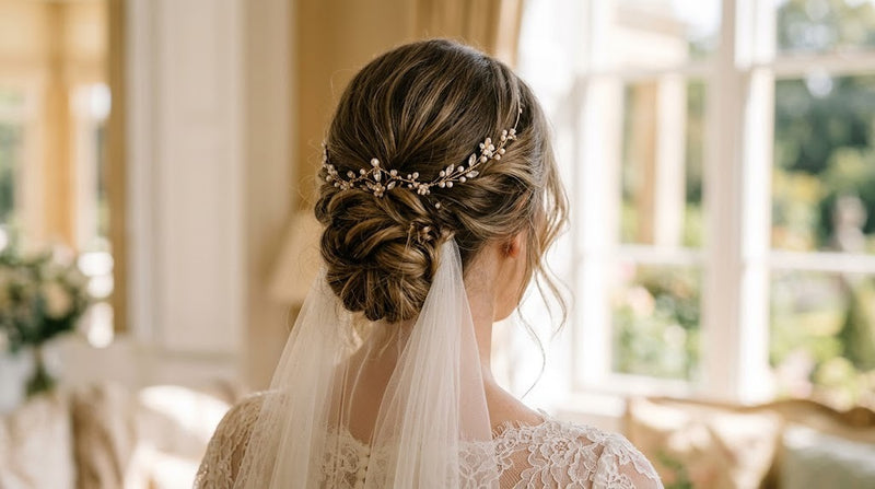 Chignon bas de mariée orné d'un fin bijou de cheveux en métal doré et perles, avec un voile de tulle léger
