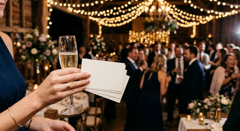 Main tenant une flûte de champagne et des fiches vierges lors d'une soirée de mariage sous des guirlandes lumineuses