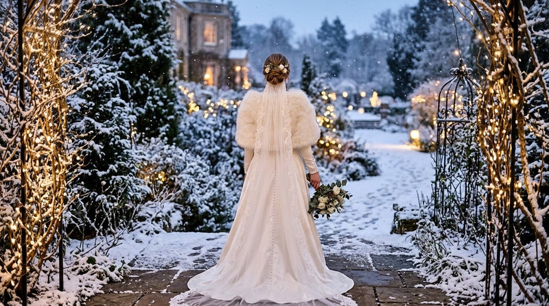 Mariée vue de dos portant une étole en fausse fourrure ivoire dans un jardin d'hiver illuminé