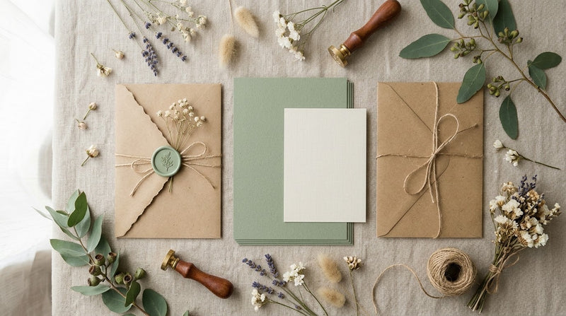 Faire-part de mariage champêtre vert sauge et kraft avec cachet de cire et fleurs séchées