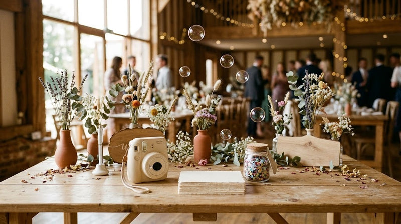 Table de réception de mariage avec appareil photo instantané, cartes vierges, bocal de confettis et bulles de savon