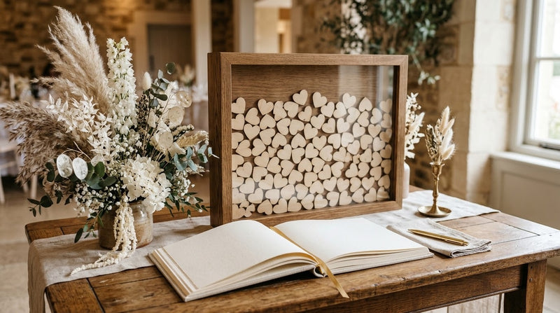 Livre d'or original : cadre en bois rempli de cœurs à signer et livre d'or ouvert