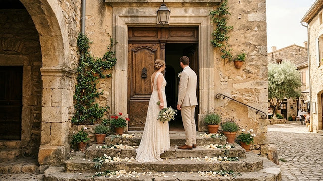 Couple de dos sur les marches de pierre d'une mairie de village, bouquet de fleurs blanches et pétales au sol