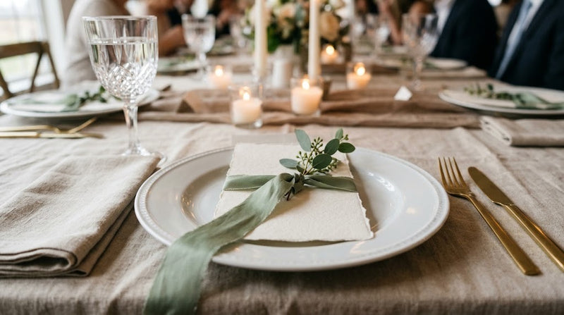 Carte de menu vierge nouée d'un ruban vert sauge et d'un brin d'eucalyptus sur une assiette de mariage