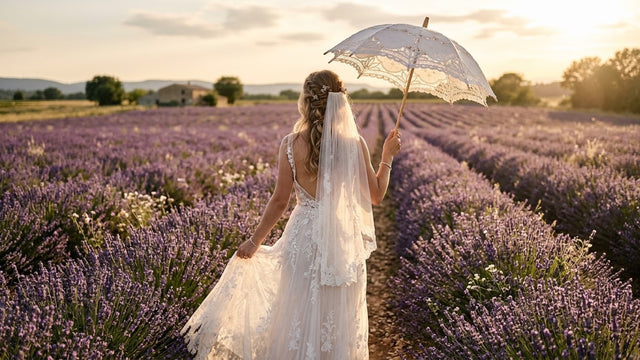 Mariée de dos dans un champ de lavande tenant une ombrelle blanche en dentelle au coucher du soleil