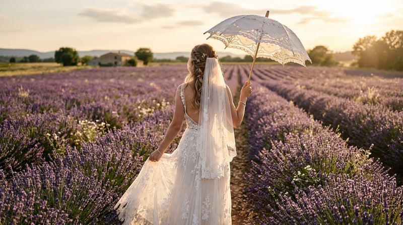 Mariée de dos dans un champ de lavande tenant une ombrelle blanche en dentelle au coucher du soleil
