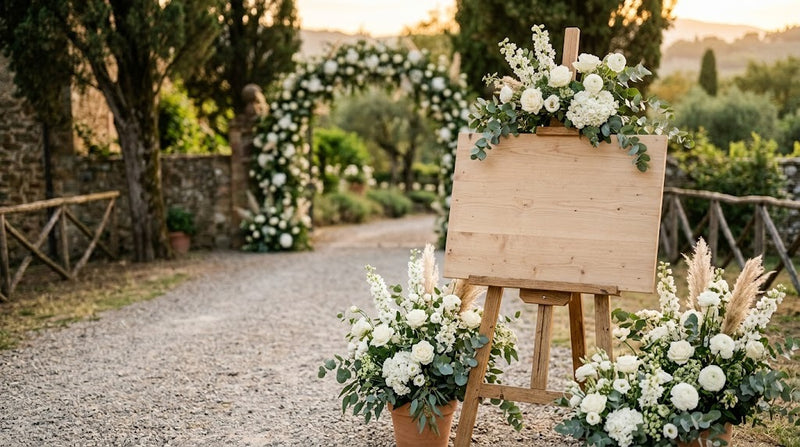 Panneau de bienvenue en bois vierge sur un chevalet à l'entrée d'un domaine de mariage, entouré de bouquets blancs et de pampa
