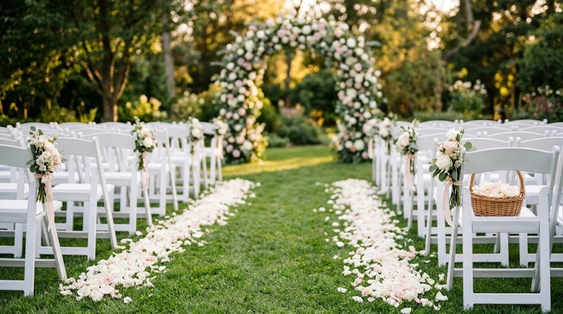 Allée de cérémonie de mariage dans un jardin bordée de pétales de roses blanches et rose pâle, chaises blanches et arche fleurie