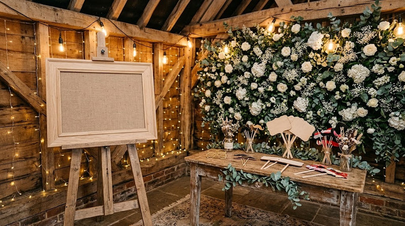 Coin photobooth de mariage champêtre dans une grange : cadre en bois sur chevalet, mur de fleurs blanches et accessoires