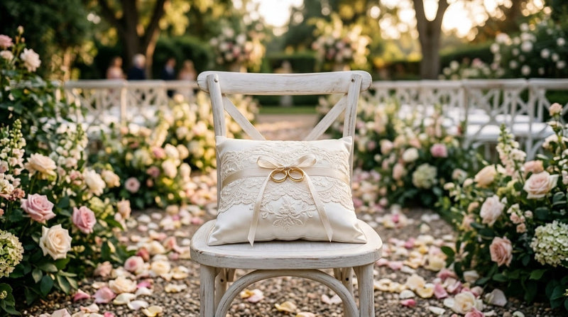 Coussin d'alliance en satin ivoire et dentelle avec deux alliances dorées, dans une allée fleurie