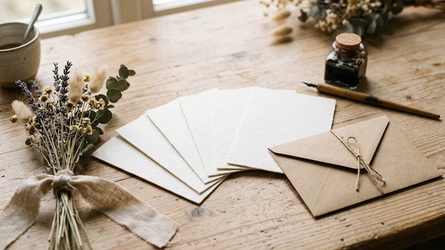 Cartes de faire-part vierges en éventail avec enveloppe kraft, fleurs séchées et plume sur une table en bois
