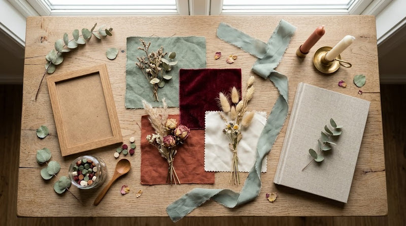 Planche d'inspiration de mariage : tissus vert sauge, terracotta, bordeaux et ivoire, fleurs séchées, eucalyptus et bougies