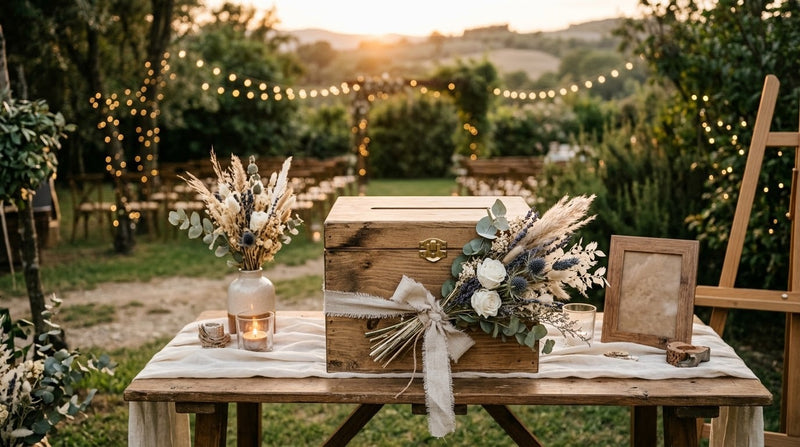 Urne de mariage en bois décorée de fleurs séchées sur une table d'accueil champêtre au coucher du soleil