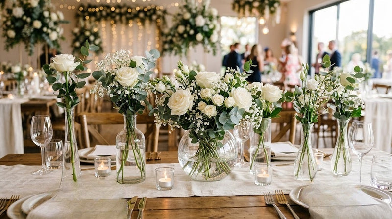 Centre de table de mariage avec vases en verre de hauteurs différentes, roses blanches, eucalyptus et bougies
