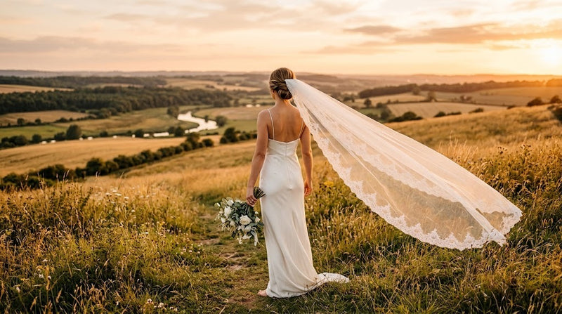 Mariée de dos sur une colline au coucher du soleil, long voile de tulle ivoire bordé de dentelle flottant au vent
