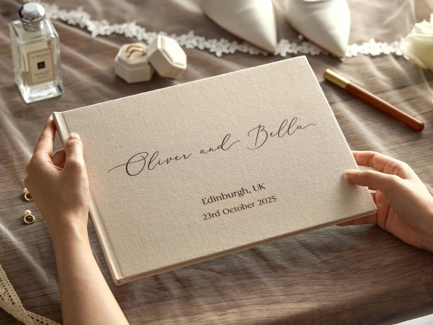 Livre d'Or Mariage Lin Personnalisé Photo