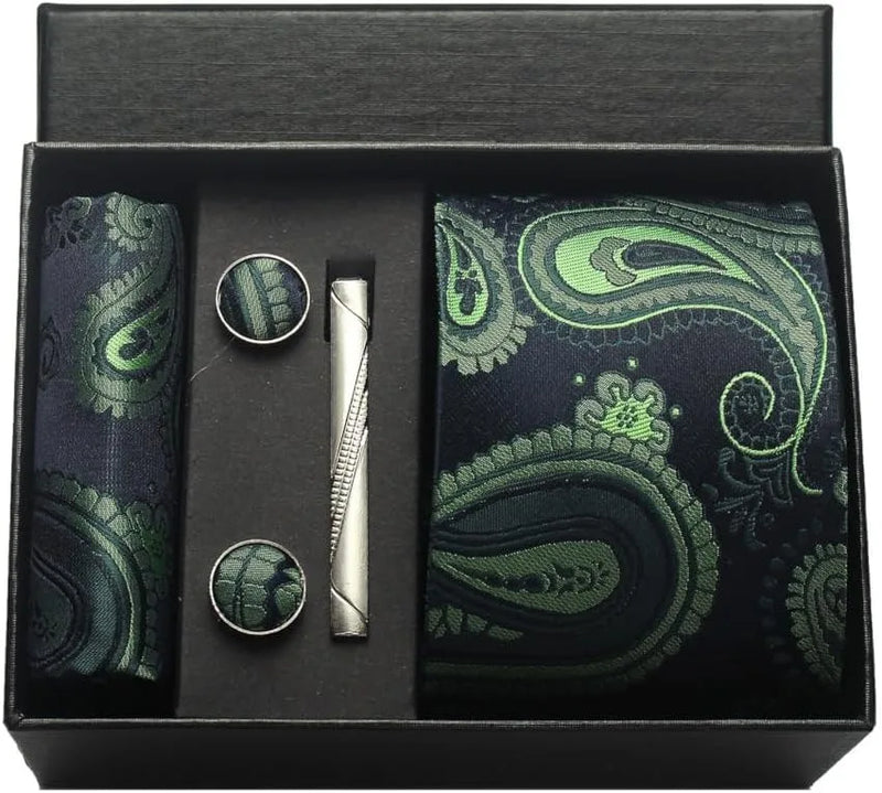 Coffret cravate mariage pochette et boutons manchette — Noir paisley vert