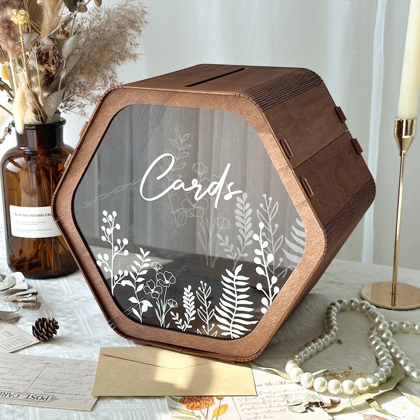 Urne mariage bois hexagonale fleurie