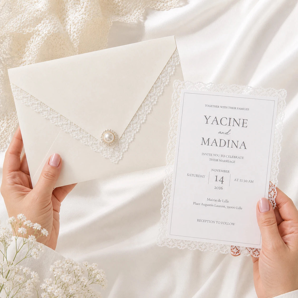 Faire-Part Mariage Dentelle Ivoire Personnalisé