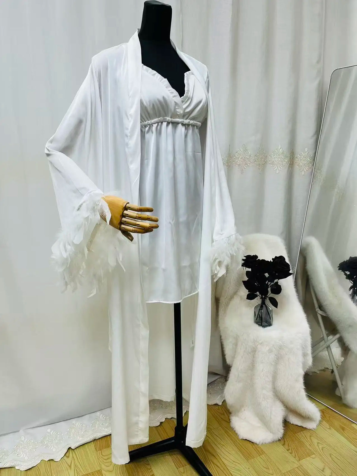 Peignoir Mariée Long et Nuisette Satin