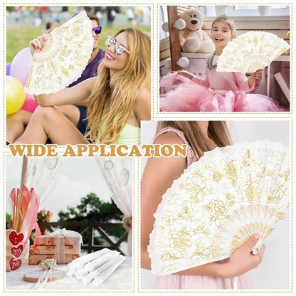 Éventail Mariage Dentelle Roses Dorées