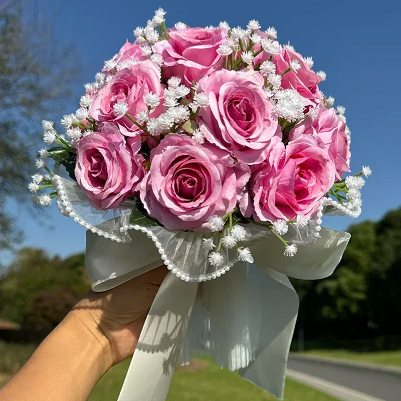 Bouquet de mariée roses et gypsophile — vue 11