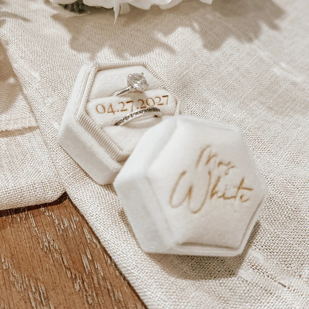 Personalized Hexagon Velvet Wedding Ring Box Engraved Name Date Bridal Jewelry Storage Box Engagement Decor