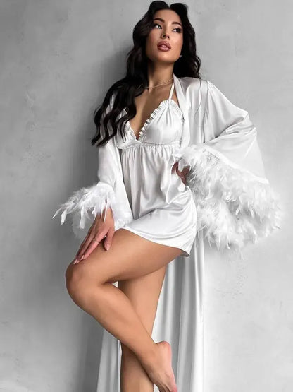 Peignoir Mariée Long et Nuisette Satin