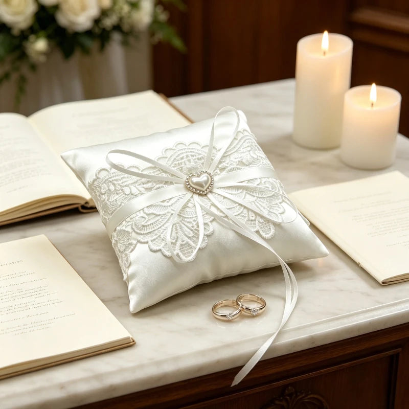 Coussin alliance blanc dentelle perles