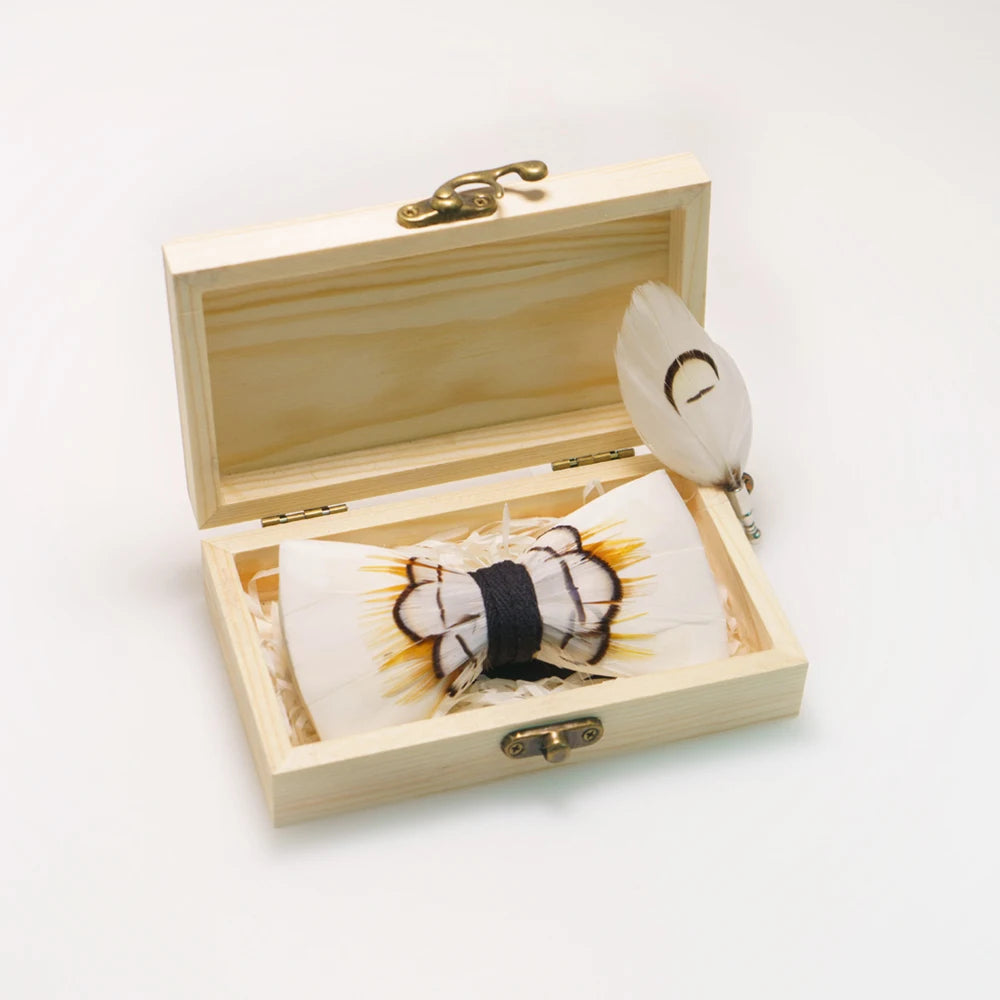 Nœud papillon mariage plumes coffret bois — vue 20