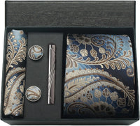 Coffret cravate mariage pochette et boutons manchette — Marine paisley beige