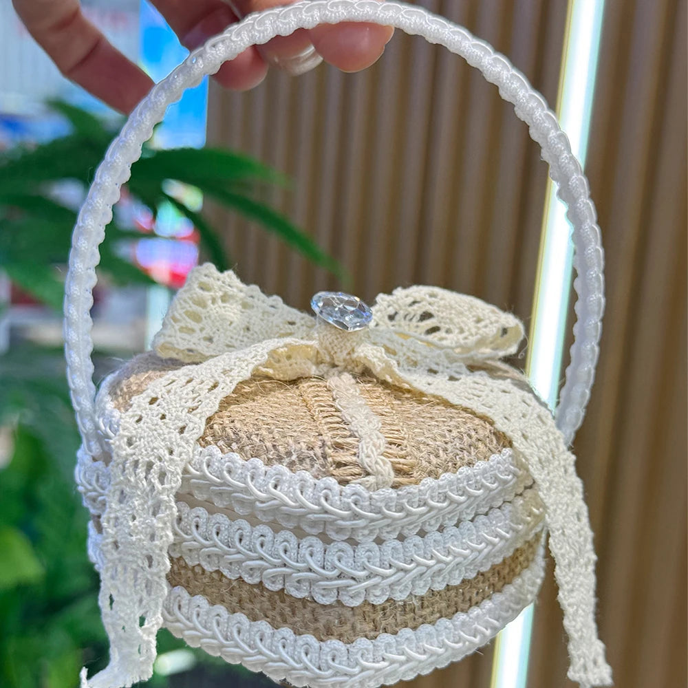 Vintage Burlap Lace Wedding Ring Box Pillow, Rustic Heart & Square Ring Bearer Box for Wedding Ceremony, Bridal Jewelry Gift Box