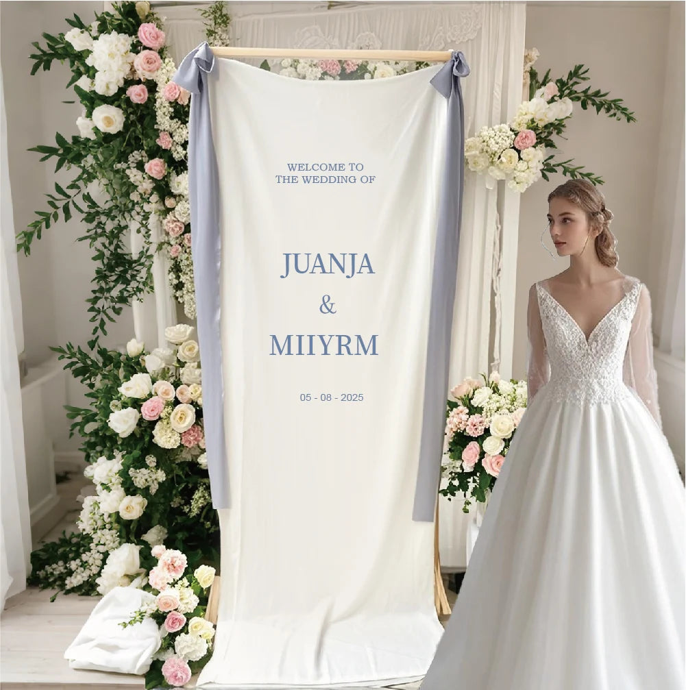 Panneau Bienvenue Mariage Tissu Blanc Suspendu