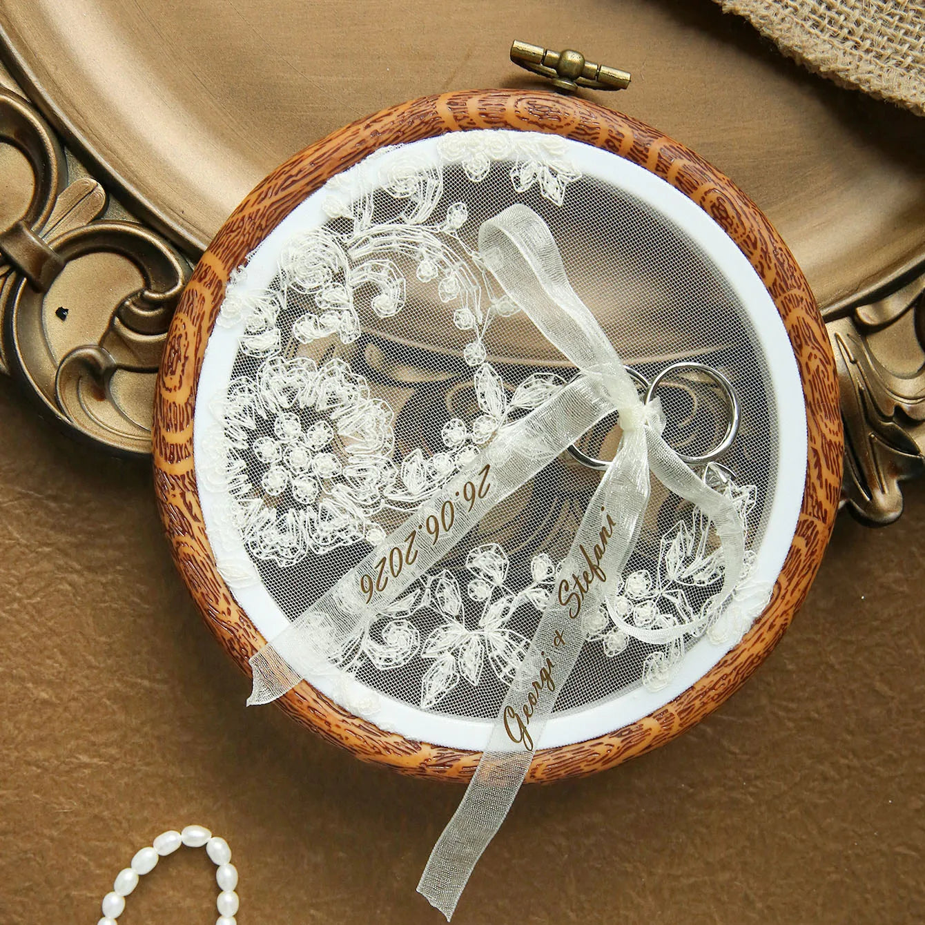 Porte alliance blanc perles et fleurs