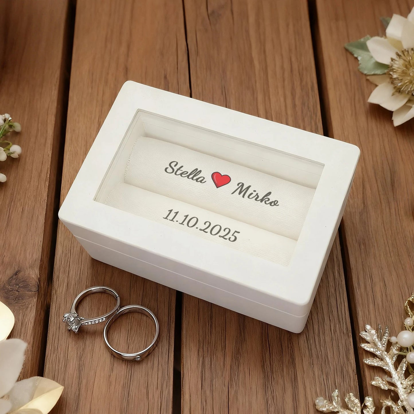 Boîte à alliance bois blanc personnalisée mariage